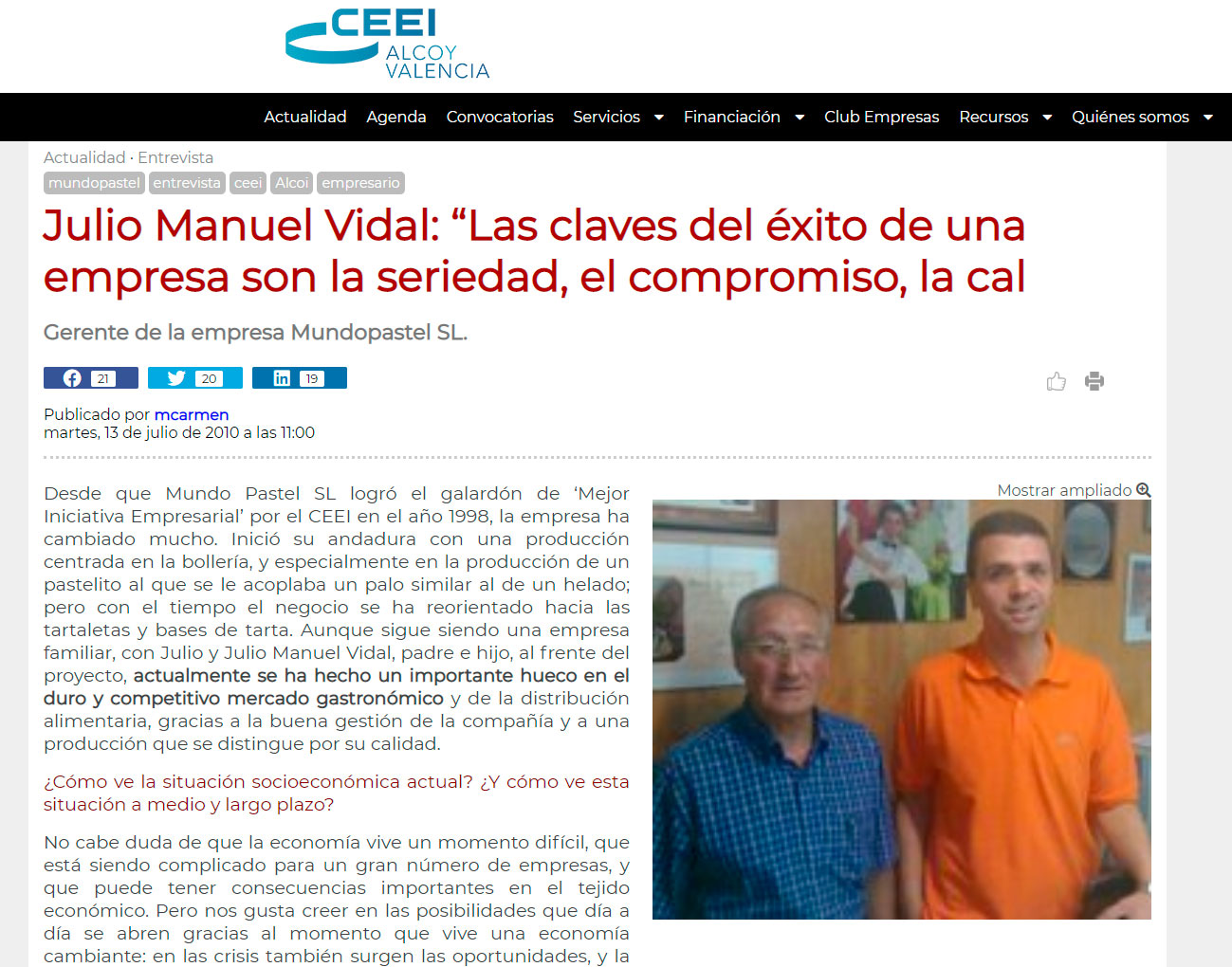 Recordamos la entrevista de 2010 a nuestro gerente Julio Manuel Vidal en el CEEI de Alcoy